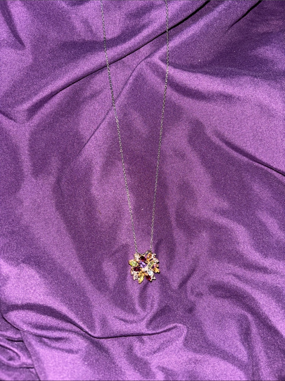 Multi-Gem Flower Pendant Necklace - Purple and Gold